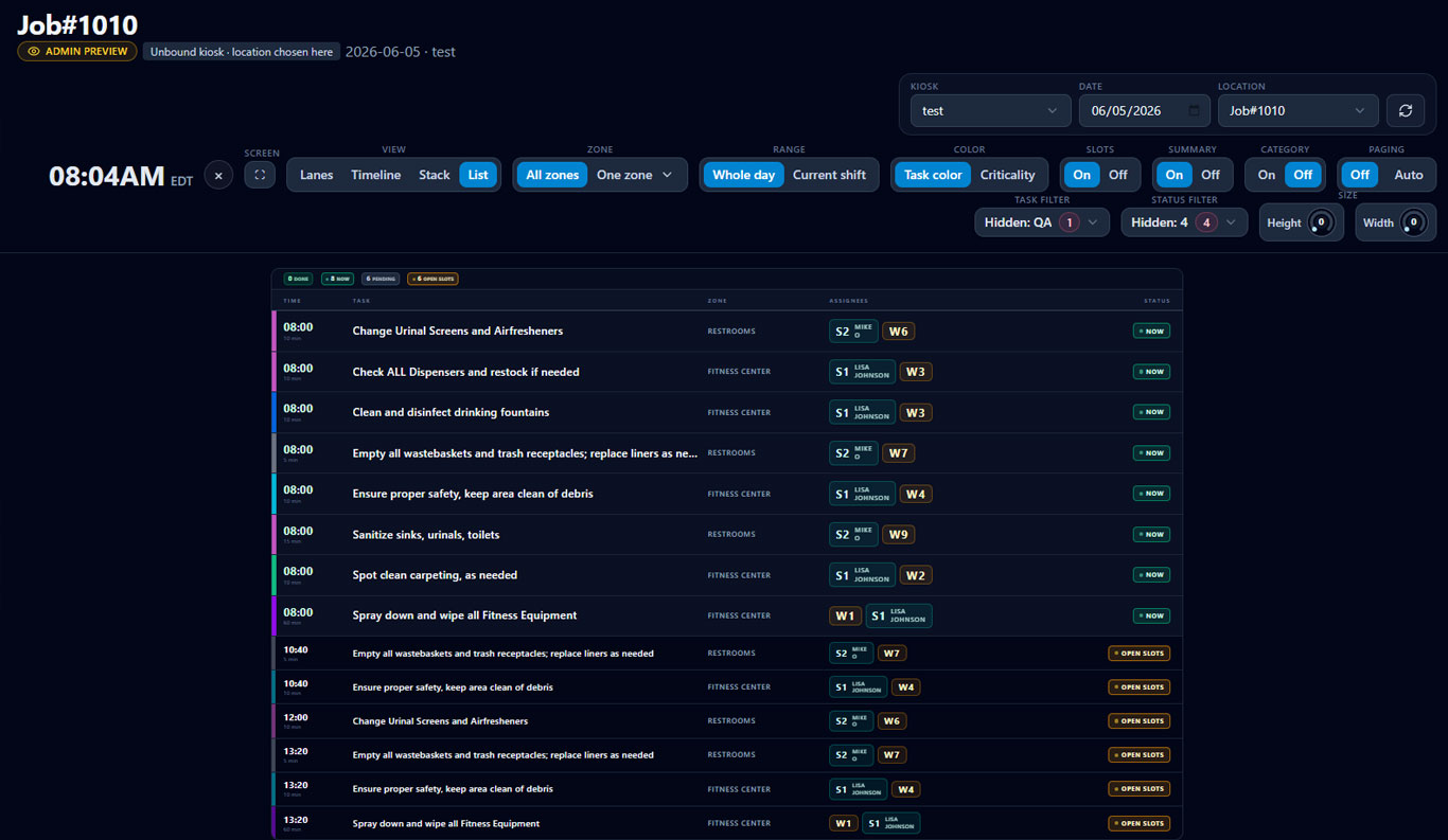 ShiftOrder kiosk list view with live tasks, assignments and statuses