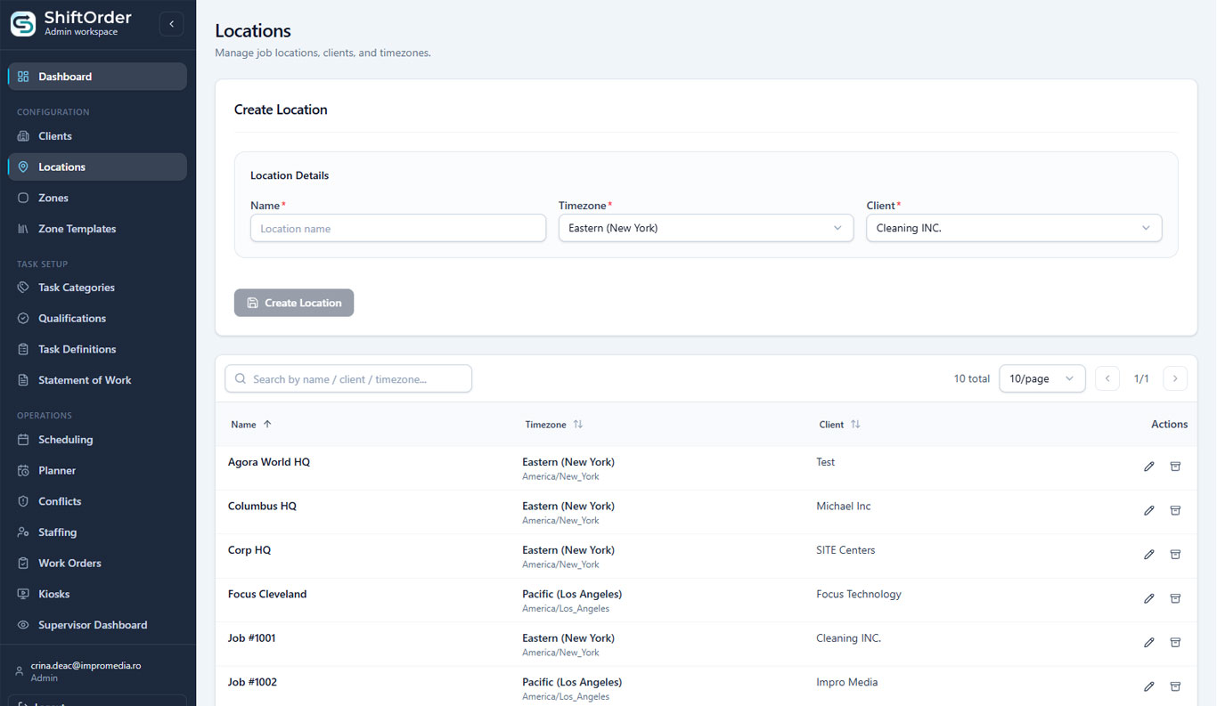 ShiftOrder location setup and management