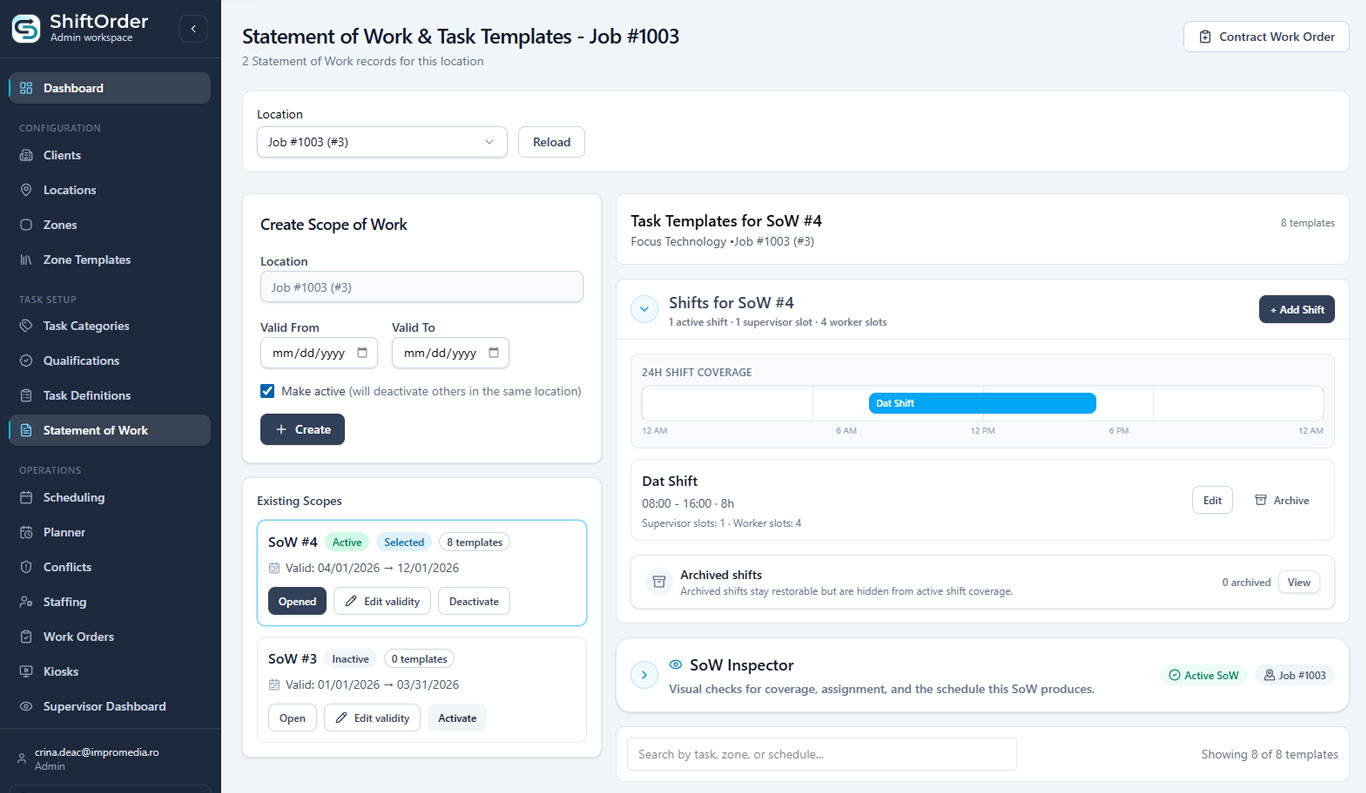 ShiftOrder operational scope, contracted services and recurring task templates