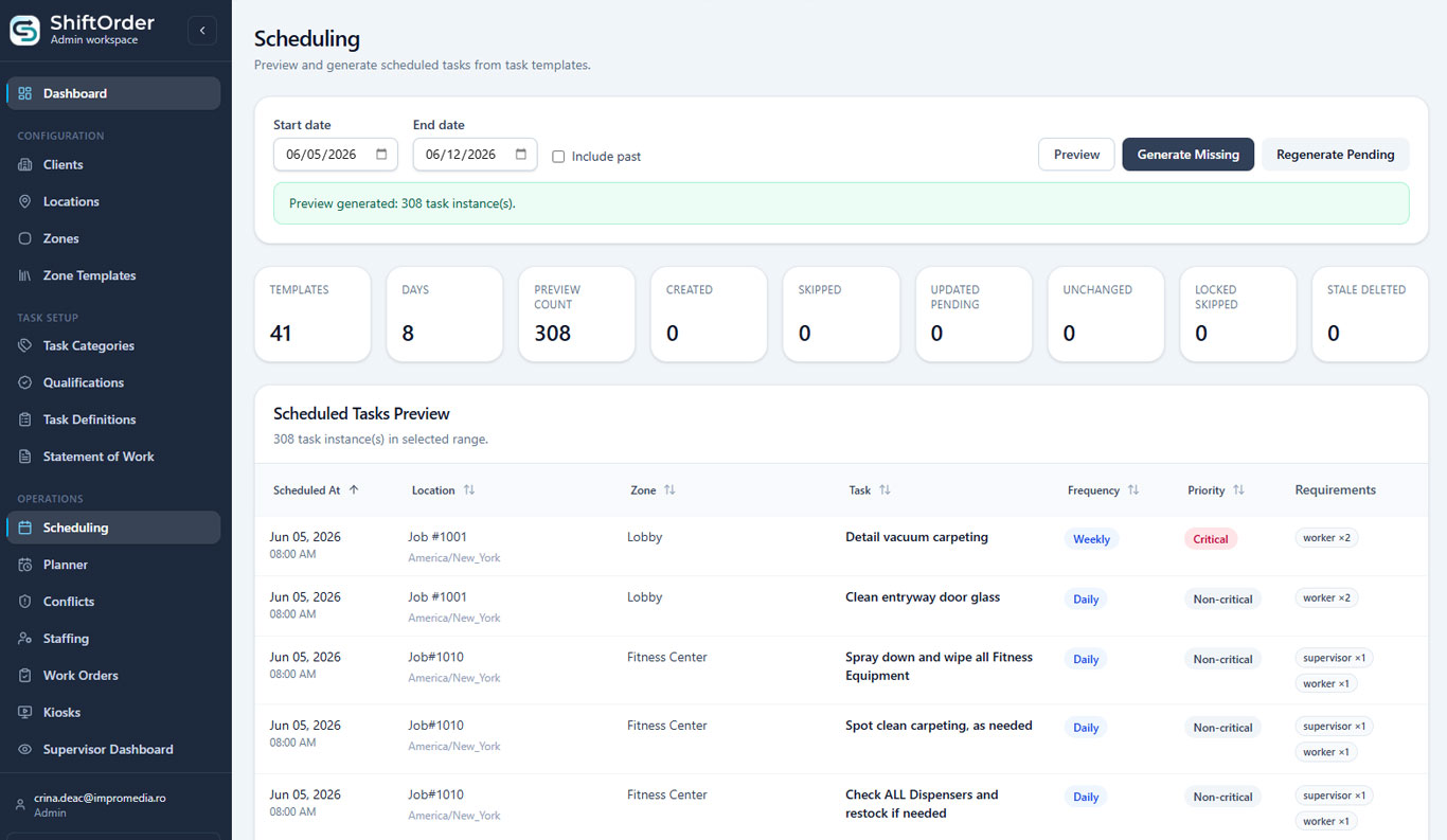 ShiftOrder scheduling preview and recurring task generation